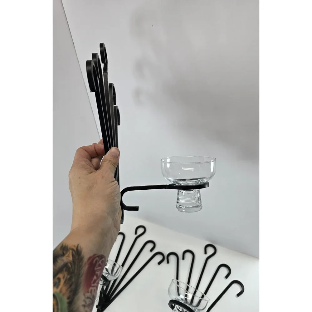 VTG MCM Black Metal Wall Sconce Candle Holders Glass Cups Set of 3 Atomic Era